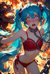 ai_generated blue_eyes blue_hair chains close-up cute cute_face demon detailed_eyes fire hatsune_miku hell light-skinned_female light_skin lips red_bra red_panties screaming struggling