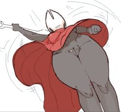2026 2_horns arthropod biped breasts cloak clothing empty_eyes female fingers genitals holding_melee_weapon holding_object holding_weapon hollow_knight_(franchise) horn hornet_(hollow_knight) humanoid low-angle_view melee_weapon motion_lines partb_(artist) red_cloak red_clothing simple_background solo team_cherry vulva weapon white_background
