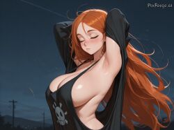 ai_generated alone armpit_fetish athletic_body big_breasts closed_eyes extremely_long_hair female female_only freckles ginger looking_at_viewer night oversized_clothes wind