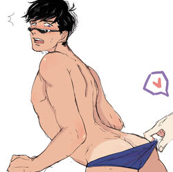 ass black_hair blush gay glasses looking_over_eyewear looking_over_glasses looking_over_sunglasses male_only matsuno_karamatsu menyajun123 osomatsu-kun osomatsu-san solo_focus speedo sunglasses sweat tan tanline tinted_eyewear topless undressing