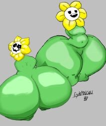 anthro ass_visible_from_the_front belly belly_button big_ass big_butt featureless_breasts featureless_crotch flora_fauna flower flowey flowey_the_femboy flowey_the_flower flowey_with_a_body flowey_with_nothing_else_but_a_massive_ass green_body kneecaps letraequis_(artist) male male_only monster monster_boy moobs plant plant_humanoid plump_ass slightly_chubby smile smirk smug_face stare thick_ass thick_hips toby_fox undertale undertale_(series) wide_hips