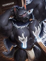 1boy abs ai_art ai_generated anthro armpit_hair armpit_tuft armpits ball_peek balls bandai_namco bara bara_tiddies bara_tits big_balls big_bulge big_muscles big_pecs blaidd_(elden_ring) blush bulge canid canine canis cloak daddy dilf disembodied_hand disembodied_hands elden_ring floating_hands fromsoftware furry gay ghost_hands glowing goonerism grey_body grey_fur hands_behind_head huge_pecs inner_ear_fluff loincloth looking_down male muscular muscular_male musk musk_clouds nipple patreon pec_grab pec_grasp pec_squeeze pecs pectoral_grab purple_eyes scar self_upload sharp_teeth snow solo tail tail_wag translucent transparent twitching wagging_tail watermark wolf wooden_floor yaoi