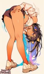 1girls 3:5 ai_generated artist_logo artist_name ass back_view bare_legs bending_forward bending_over blush breasts curvy dehya_(genshin_impact) female female_only from_behind full_body genshin_impact hentai highly_detailed kneepits long_hair looking_at_viewer medium_breasts nail_polish open_mouth patreon pinkbunnies rule34 seductive shoes shorts simple_background smile sneakers solo source_request thick_thighs thighs uncensored wide_hips