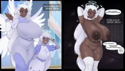 1boy 2026 2d 2girls adam_(hazbin_hotel) angel angel_wings areolae arm_sleeves big_breasts black_sclera boobs breasts dark-skinned_female dress elbow_gloves emily_(hazbin_hotel) escriba eyelashes female femsub halo hazbin_hotel heart_symbol huge_boobs huge_breasts human human_dominating human_dominating_humanoid humanoid large_breasts male maledom nipples nude nude_female sera_(hazbin_hotel) stockings text white_eyes white_hair