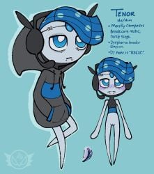 andromorph anonymous_gardevoir blue_eyes blue_hair blush body_blush clothing electronics eye_bags eyebrow_piercing facial_piercing forehead_gem gem gender_dysphoria generation_5_pokemon genitals hair hand_in_pocket headphones hi_res hoodie intersex legendary_pokemon lip_piercing male_meloetta meloetta meloetta_(aria_form) model_sheet multiple_angles mythical_pokemon nintendo piercing pockets pointed_feet pokemon pokemon_(species) snakebite_piercing solo tenor_(anonymousgardevoir) topwear trans_(lore) trans_man_(lore) vulva vulva_blush