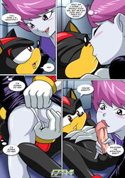 1boy 1girls bank_vault bbmbbf black_fur blush cartoon_network clothing comic dc english_text female fur gloves grabbing grey_skin handjob jinx_(dc) kissing licking male palcomix panties penis pink_hair purple_eyes red_eyes red_fur shadow_the_hedgehog sonic_(series) teen_titans text tongue tongue_out underwear white_fur