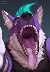 2026 absurd_res anthro black_clothing black_nose black_topwear blue_eyes blue_hair bodily_fluids canid canine clothing detailed_mouth digital_media_(artwork) first_person_view fox fur gaping_mouth gradient_background hair hi_res imminent_vore looking_at_viewer male mammal mouth_focus mouth_shot mox_(antillion123) open_mouth purple_body purple_fur reaching_towards_viewer saliva saliva_on_tongue saliva_string simple_background solo thebestvore tongue topwear uvula