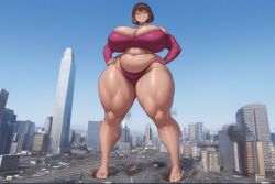 ai_generated asian_female brown_hair city city_destruction destruction evil_grin eyes_closed female_oc full_body_view giantess hands_on_hips landscape massive_thighs muscular pixai short_hair