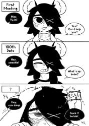 1girls bean_smile black_eyes black_hair cho_second comic corruption couple cumdump dialogue english_text eyes_rolling_back female female_focus hand_on_head implied_oral long_hair looking_at_viewer monochrome mouse mouse_ears mouse_girl original original_character smile sweater t-shirt talking_to_viewer tears text translated twitter_link white_background