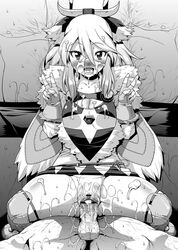 aqua_eyes artist_request avinia_(monster_hunter) ayuria bar_censor bare_shoulders blonde_hair blush bone_hair_ornament breasts bukkake cape censored cleavage clitoris clothed_sex cum cum_in_mouth cum_in_pussy cum_on_breasts cum_on_lower_body dagger dress elbow_gloves facial female fur_clothing gloves greyscale group_sex looking_at_viewer monochrome monster_hunter monster_hunter_stories multiple_boys nipples open_mouth panties panties_aside penis ponytail reverse_cowgirl_position sex sleeveless sleeveless_dress smile solo spread_legs testicles thighs tied_hair underwear v vaginal_penetration weapon