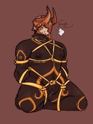 angel aroused bondage bondage_harness cuntboy dark_skin dark_skinned_male fluids gabriel_(ultrakill) gold_markings helmet horns looking_away male_only markings masked on_knees pubic_hair pussy pussy_juice sigh sighing solo_male tied_arms tied_legs tied_up ultrakill whimper