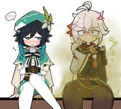 2boys 2d 2femboys 2male 2males ahoge alternate_version_available annoyed annoyed_expression annoyed_face black-haired_male black_hair blue-haired_male blue_hair blush blush_face blush_lines blushed_face blushing_face blushing_lines blushing_male bow_tie bowtie braided_hair braided_twintails brown_kimono brown_pants corset embarrassed embarrassed_male fart fart_cloud fart_fetish farting_on_another femboy femboy/femboy femboy/male femboy_fart genshin_impact green_cloak green_clothing green_eyes green_fart green_fart_cloud green_gas green_gas_cloud green_hat green_pants japanese_clothing japanese_text kaedehara_kazuha kazuha_(genshin_impact) kimono lifting_leg male/male male_fart male_only onomatopoeia pantyhose ponytail red_eyes red_highlights silent_fart simple_background simple_shading sitting sweat sweatdrop sweating tights venti_(genshin_impact) white_hair white_kimono white_legwear white_pantyhose white_tights yy_kenja