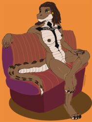 anthro breasts dreadlocks female jeanwoof lizard looking_at_viewer nipples nude pussy reptile scalie sitting solo