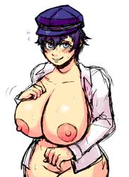 1girls areolae bottomless breasts breasts_out female female_only hand_on_breast hat huge_breasts large_areolae looking_at_viewer messy_hair nervous nervous_smile nipples no_bra no_panties notsafeforfruit open_clothes open_shirt persona persona_4 shaved_pussy shirogane_naoto shirt short_hair smile solo sweat thick_thighs white_background wide_hips