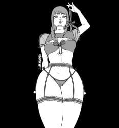 black_and_white black_background christmas christmas_outfit dym4nend langerie makima_(chainsaw_man) mistletoe perspective solo solo_female straight viewer_pov