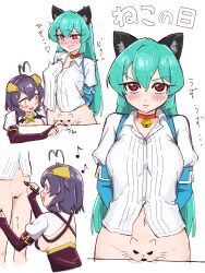 2girls absurdres ahoge animal_ears aqua_eyes bare_shoulders bell breasts cat_ears choker choppy_bangs clitoral_stimulation commentary_request do_you_want_to_pet_my_cat_(meme) fake_animal_ears feline ganjin highres hiiragi_utena jingle_bell large_breasts looking_at_viewer low_wings magia_azure magia_baiser mahou_shoujo_ni_akogarete medium_breasts medium_hair meme multiple_girls multiple_views navel purple_hair pussy red_choker shirt sideboob simple_background translation_request upper_body white_background white_shirt wings