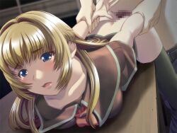 1boy arm_grab arms_behind_back bangs bent_over bent_over_desk black_legwear blonde_hair blue_eyes blurry blurry_background bottomless breasts brown_sailor_collar brown_shirt clothes_pull collarbone collared_shirt desk eyebrows_visible_through_hair female game_cg hair_intakes ichinose_madoka indoors long_hair medium_breasts mitsuya_(iron) on_desk open_mouth pants pants_pull prison_guard_position sailor_collar sailor_shirt sex shiny shiny_hair shirt short_sleeves standing standing_sex straight straight_hair thighhighs yuumei_sakai_wo_koto_ni_suru