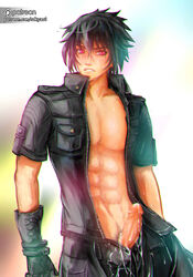 1boy abs black_hair censor_mosaic censored censored_penis cum erection final_fantasy final_fantasy_xv male_only muscle noctis_lucis_caelum penis red_eyes solo undressing