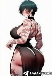 1girls abs ai_generated arms_crossed arms_crossed_under_breasts breasts female female_only glasses green_eyes green_hair jujutsu_kaisen ksyraarts large_breasts long_sleeves looking_at_viewer maki_zenin matching_hair/eyes no_bra no_bra_under_clothes no_panties no_panties_under_pants pants pants_pull scars short_hair simple_background solo solo_female solo_focus sweat thick_thighs thighs translation_request underboob white_background zenin_maki