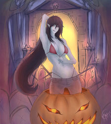 1girls 2016 adventure_time arm_above_head arm_up armpit bare_shoulders belly big_breasts black_hair bra breasts cartoon_network cemetery cleavage eyebrows eyelashes female female_only fingernails grey_skin halloween hips human jack-o'-lantern jeans large_breasts licking_lips lips long_hair looking_at_viewer makaymurakami marceline medium_breasts navel nose panties pointy_ears pumpkin red_eyes seductive slender_waist solo stomach thong underwear vampire very_long_hair