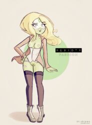 1girls alternate_costume alternate_hairstyle bandaid black_legwear blonde_hair boots bottomless cartoon_network corset female forehead_jewel gem_(species) gemsona green_skin hand_on_hip jacket kt-draws long_hair looking_at_viewer open_clothes open_jacket open_mouth peridot_(steven_universe) pubic_hair pussy smile solo steven_universe thighhighs visor