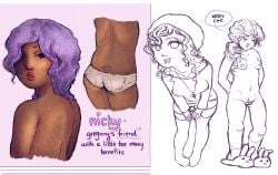 1girls alternative_fashion back back_dimples back_view bangs bending_forward bending_over bunny_slippers butt butt_focus character_name character_sheet color colored colored_sketch comic curly_hair curvy curvy_female curvy_figure cute dark-skinned_female dark_body dark_skin dimples_of_venus flowersonwalls hands_behind_back hands_on_thighs happy_trail long_hair looking_at_viewer looking_back mole mole_under_eye multiple_poses naked naked_female naked_footwear nicky_(flowersonwalls) nude nude_female original original_character panties panties_only pierced_nipples piercing ponytail pose posing posing_for_the_viewer pubic_hair purple_hair realistic_proportions seductive seductive_eyes seductive_look side_ponytail skinny speech_bubble spine thighhighs tongue_out tongue_piercing wig
