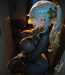 1futanari absurd_res aged_up ai_generated artist_name ass black_dress blush breasts carpet closed_mouth clothing couch covered_nipples covered_penis door dress female futanari genshin_impact gradient_hair green_eyes green_hair hair_between_eyes hair_ornament half-erect huge_cock indoors intersex intersex_only lamp large_breasts large_penis leaf_hair_ornament long_hair long_sleeves looking_at_viewer multicolored_hair nahida_(genshin_impact) night nightgown niraniri penis pointy_ears ponytail precum side_ponytail smile solo symbol-shaped_pupils testicles veiny_penis