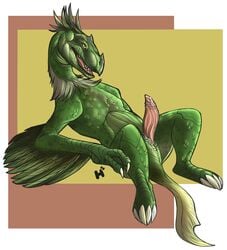 2017 claws erection feathers feral greasel_(deus_ex) hecking male open_mouth penis precum presenting reptile scalie simple_background solo video_games