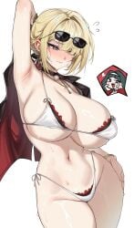 2girls :d absurdres alternate_breast_size_(larger) alternate_costume arm_behind_head arm_up armpits astra_yao bare_arms bikini black-framed_eyewear black_choker black_hair black_jacket blonde_hair blush bracelet breasts chibi chibi_inset choker closed_mouth commentary_request cowboy_shot earrings evelyn_chevalier eyes_visible_through_hair eyewear_on_head flying_sweatdrops frilled_bikini frills groin hair_over_one_eye hairband halterneck hand_on_own_hip heart heart-shaped_pupils highleg highleg_bikini highres huge_breasts jacket jacket_on_shoulders jewelry kuyokuyo long_sleeves looking_ahead looking_at_another micro_bikini mole mole_under_eye multiple_girls navel nose_blush open_mouth purple_eyes red_shirt shirt short_hair side-tie_bikini_bottom simple_background smile speech_bubble spoken_character standing stomach string_bikini sunglasses sweat swimsuit symbol-shaped_pupils two-sided_fabric two-sided_jacket white_background white_bikini white_hairband zenless_zone_zero