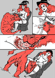 clothing comic cunnilingus dragon eggplantina female female_on_feral feral fur furred_dragon horn horn_grab human human_on_feral interspecies magic_user male mammal oral penis raised_tail red_fur saliva sex simple_background tongue tongue_out vaginal_penetration witch zoophilia