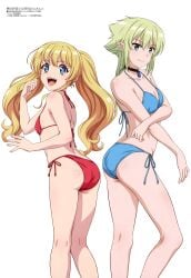 2girls absurd_res absurdres alternate_hairstyle ass back-to-back bikini bikini_bottom bikini_top blonde_hair blue_bikini blue_eyes breasts canon_genderswap choker collarbone elf elf_ears elf_female elf_girl fantasy_bishoujo_juniku_ojisan_to fingernails flat_chest from_behind from_side gem genderswap genderswap_(mtf) green_eyes green_hair hair_between_eyes hi_res highres human_female legs long_hair looking_at_viewer low_ponytail medium_breasts megami_magazine multiple_girls official official_art open_mouth petite pointy_ears ponytail posing red_bikini red_eyes rule_63 sharp_teeth short_hair shouji_yasukazu side-tie_bikini_bottom small_breasts smile swimsuit swimwear tachibana_hinata_(fabiniku) tachibana_hinata_(fantasy_bishoujo) teeth thighs tilolilo_lilili_lou twintails white_background