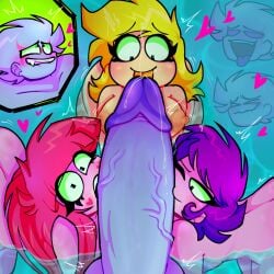 1boy 3girls 3girls1boy big_ass big_breasts big_dick big_penis blowjob blue_hair blue_skin blush bluuzick_(kevin) broz_boyz broz_boyz_go cum digital_art flat flat_chest glimmilly_(milly) heart heart_symbol hearts_around_head oc ocs original_character original_characters pink_hair pink_skin pinkyroxxy_(pinky) purple_hair purple_skin semen sex_on_water sucking sucking_penis tongue_out violettav_(violett) water yellow_hair yellow_skin