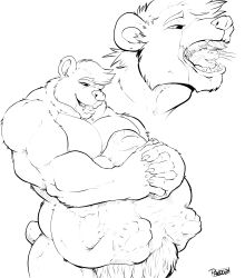 2024 almost_fully_inside anthro bear belly black_and_white body_outline claws dated duo feet feet_first feet_outline fur hair hi_res male male/male mammal monochrome musclegut muscular mustelid nude nude_male oral_vore otter pandottermon signature simple_background tail teeth vore whiskers