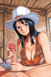 ai_generated big_breasts big_penis black_hair blue_eyes cowboy_hat female handjob male nico_robin one_piece smile stare