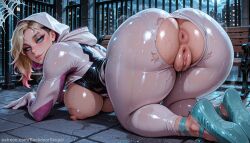 ai_generated anus aqua_shoes ass asymmetrical_hair back backdoorsenpai bench big_ass black_bodysuit blonde_hair blue_eyes breasts breasts_out censored clothed_female_nude_male clothes_lift clothes_pull clothing_aside curvy egao eyebrow_piercing female female_only from_behind gradient_hair gwen_stacy hood_down hooded_bodysuit huge_ass huge_breasts large_breasts looking_at_viewer looking_back marvel multicolored_bodysuit multicolored_hair nipples no_panties on_floor panties_aside perky_breasts puffy_nipples pussy pussy_juice sideboob solo spider-gwen spider_web spider_web_print steaming_body superhero_costume thick_thighs thighs top-down_bottom-up torn_clothes two-tone_hair undercut white_bodysuit wide_hips