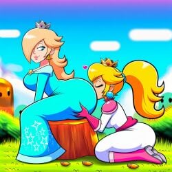 2girls ai_generated blonde_hair blue_eyes blue_eyes_female bodysuit closed_eyes clothed clothed_female crown dress eyes_closed face_in_ass face_in_butt female female/female female_only full_body full_body_view grass grass_field heart_symbol jumpsuit kissing_ass kissing_butt light-skinned_female light-skinned_females long_hair mario_(series) nintendo novelai outdoors outside platinum_blonde_hair ponytail princess princess_peach princess_rosalina royalty side_view sisters sitting sitting_down super_mario_bros._(2023_film) super_mario_galaxy_(2026_film) white_bodysuit white_jumpsuit yuri