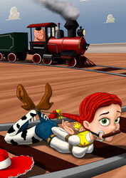 1girls arms_behind_back bit_gag bondage bound_arms bound_legs braided_ponytail cabroon cowboy_hat damsel_in_distress disney female female_only femsub gag gagged green_eyes hair_tied hamm_(toy_story) hogtie human jessie_(toy_story) living_play_toy looking_at_viewer medium_breasts peril pixar red_hair rope submissive submissive_female tied_hair toy toy_story train