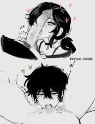 1boy 1girls andrew_graves anime_style ashley_graves big_penis blush brother_and_sister cunnilingus fellatio female female_pov green_eyes greyscale hair_between_eyes heart highres incest licking licking_penis male male_and_female_focus male_pubic_hair monochrome open_mouth oral penis penis_on_face penis_over_one_eye pink_eyes ponytail pov pubic_hair pussy siblings simple_background sound_effects spot_color spread_legs straight stray_pubic_hair sweat tail the_coffin_of_andy_and_leyley tongue tongue_out twitter_username uncensored watasi_tokimi