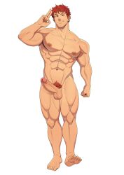 1boy abs absurdres bara barefoot closed_mouth commentary completely_nude english_commentary erection fire_emblem fire_emblem:_radiant_dawn flaccid full_body geckobara highres kieran_(fire_emblem) large_pectorals male_focus male_pubic_hair multiple_scars muscular muscular_male navel nipples nude pectorals penis pubic_hair red_eyes red_hair scar short_hair simple_background solo testicles variant_set veins white_background
