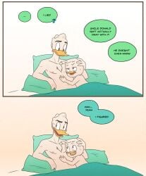 2025 4_fingers adult_on_young after_sex age_difference anatid anseriform anthro anthro_on_anthro avian beak bed bird black_eyebrows black_eyes black_text bodily_fluids chest_tuft color_coded color_coded_speech_bubble comic cousins cub cuddling dialogue disney duck ducktales ducktales_(2017) duo english_text eyebrows feathers fingers furniture gladstone_gander half-closed_eyes hand_on_head head_tuft incest intraspecies looking_aside looking_away looking_down looking_down_at_partner looking_up_at_partner louie_duck lying male male/male male_anthro male_cub male_only multiple_scenes narrowed_eyes nervous nervous_smile nipples nude nude_anthro nude_male on_side open_mouth pillow pink_nipples reclining size_difference speech_bubble sweat sweaty_face teal_bedding teal_pillow teeth text thick_eyebrows threek tuft under_covers white_body white_feathers yellow_beak young young_anthro young_male