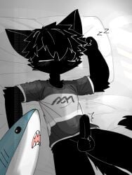 3:4 anthro balls bed bikabe3m black_body black_fur black_hair blush bodily_fluids bottomless cat_tail clothed clothing crotch_tuft digital_media_(artwork) domestic_cat erection felid feline felis fur furniture genital_fluids genitals hair humanoid_genitalia humanoid_penis katsuroki_(bikabe3m) lying lying_on_bed male mammal nude on_bed penis plushie precum shark_plushie sleeping solo tail topwear tuft watermark