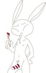 anthro cain_(weaver) erection fan_character fur hand_on_hip lagomorph male mammal nipples nude paintbrush penis rabbit simple_background solo the_weaver tongue tongue_out white_background