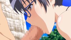 animated animated bare_shoulders black_hair brown_eyes censored eroge!_h_mo_game_mo_kaihatsu_zanmai fellatio glasses kosaka_iori oral penis