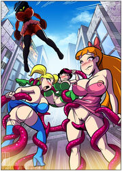 4girls areola areola_slip ass balls black_hair blonde_hair blossom_(powerpuff_girls) blue_dress blush breasts brown_hair bubbles_(powerpuff_girls) busty buttercup_(powerpuff_girls) cartoon_network cleavage clenched_teeth clothing dress dress_lift female from_behind futanari green_dress high_heel_boots him imminent_rape intersex long_hair looking_back nipples open_mouth panty_pull penis playfulhunnies powerpuff_girls pussy red_skin red_tentacles restrained restrained_by_tentacles short_hair spread_legs stripped_by_tentacles suspended_via_tentacles tentacle tentacle_grab tentacles_around_legs tentacles_under_clothes testicles thighhigh_boots thighhighs upskirt vagina voluptuous wide_eyed wide_hips wink