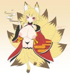 blonde_hair breasts cleavage disgaea disgaea_5 female fox_ears fox_tail kiseru large_breasts nine-tails_(disgaea) nipples nippon_ichi_software pipe red_eyes smoking solo