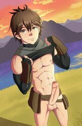 1boy abs bottomless brown_eyes brown_hair clothing erection fingerless_gloves foreskin gloves hai_to_gensou_no_grimgar haruhiro_(grimgar) looking_at_viewer male male_nipples male_only manato_(grimgar) muscle no_pants pecs penis shirt_lift solo testicles uncensored