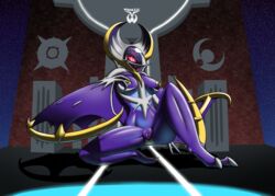 1girls absurd_res anthro bat breasts claws feet female female_only hi_res kneeling looking_at_viewer lunala nintendo pink_sclera pokemon pokemon_sm presenting purple_skin pussy seductive solo spread_legs spreading uncensored veldazik video_games white_eyes wings