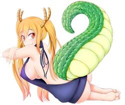 absurdres ass backless backless_outfit barefoot blonde_hair blush breasts dragon_girl dragon_horns dragon_tail eyelashes female female_only highres horns large_breasts long_hair looking_back miss_kobayashi's_dragon_maid orange_eyes sideboob simple_background slit_pupils smile solo sweater tail tied_hair tohru_(dragon_maid) twintails virgin_killer_sweater white_background ya-ya-tan