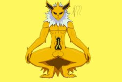 2017 amarashi anthro balls black_nose canine eeveelution erection fur jolteon looking_at_viewer male male_only mammal muscular muscular_male nintendo nude penis pokemon sex simple_background smile solo video_games yellow_fur