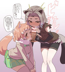 1boy 2girls animal_ears black-tailed_prairie_dog_(kemono_friends) breasts brown_eyes brown_hair censored collaborative_fellatio double_fellatio fellatio kemono_friends licking male multiple_fellatio multiple_girls north_american_beaver_(kemono_friends) oral penis red_hair small_breasts sumiyao_(amam) tail teamwork text translation_request